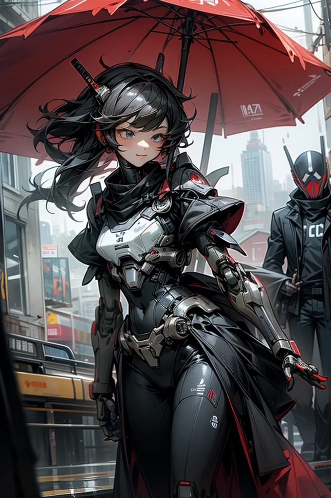horror style, super fine illustration, highly detailed, dynamic angle,masterpiece,high quality, best detailed, 8k, On the way home from school, in a red rainy city, Taking a break A high school couple, a droid man and a droid woman, both under one weapon umbrella. They are walking home. They look at each other and smile.human_no,MECA,robot,cool,dark,Romeo and Juliet