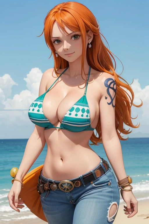 (masterpiece), best quality, expressive eyes, perfect face, (beach background), (walking), (smile), (cleavage view), (1girl, 18 years old, Nami (one piece), fair skin, orange hair, brown eyes, hourglass figure, thin body, skinny body, petite_body, large breasts, huge breasts, oppai, large cleavage, wide hips, thick thighs), (nami (one piece), long hair, orange hair, brown eyes, earrings, bare shoulders, shoulder tattoo, cleavage, bikini top only, striped bikini, green bikini, bracelet, midriff, belt, jeans, denim),