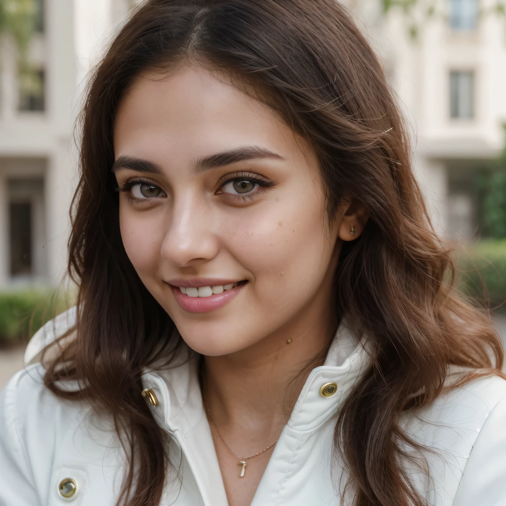 (8k, highest quality, ultra high resolution, photorealistic:1.4, UHD, ultra detailed:1.37, mid-range image),1girl, white teethes, small nose, big eyes, 18yo, black jacket, light brown eyes, small head, acne,bad skin,small nose, acne skin, real, thick hair, super realistic detailed eyes, super realistic detailed teethes, Arab women, modest, attractive smile, white teeth, showcases her unique fashion sense in a trendy setting. The high-resolution image captures ultra-detailed realism, highlighting confident pose, captivating eyes, big eyes, and flawless complexion.