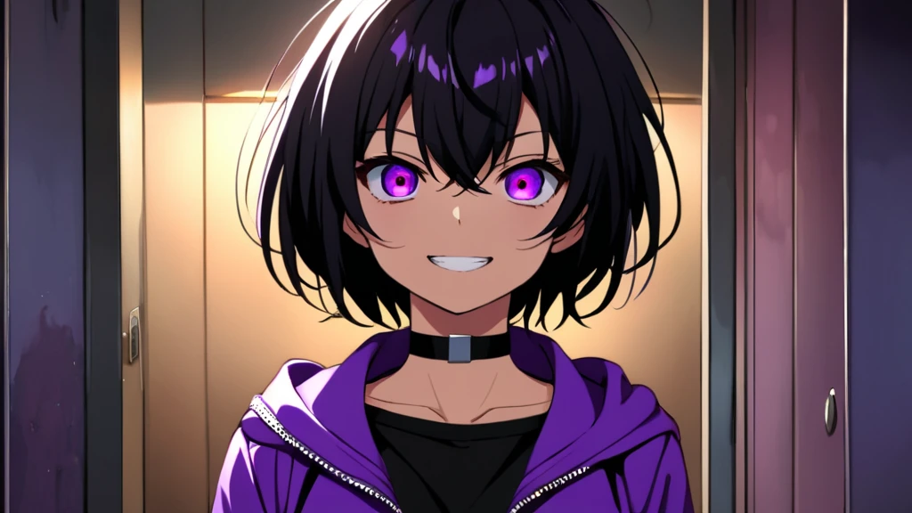 Tomboy Girls, Mature, Smart, Sexy, Black Short Hair, Black Plain Chokers, Purple Jacket Zipper Closed, Purple Pupil Eyes, Smile, Intimidate Face, mess rooms, standing, horor, Midnight, Anime Style.