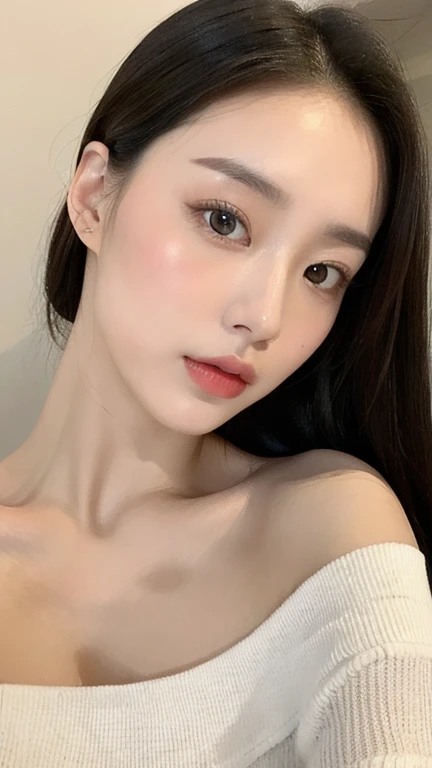 Fashion trendy beautiful and charming woman, gentle and charming Chinese beautiful woman, delicate and sexy collarbone, charming oval face, double eyelids, smart peach blossom eyes, pink lips, small nose, bare shoulders, focus on the face, close-up of the face, Ultra-high-definition, super-detailed, the white off-the-shoulder shirt perfectly echoes the light blue slit skirt, fresh and impressive