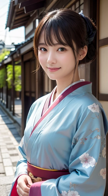 Professional Lighting,(Realistic:1.4), (Top image quality:1.0), (超A high resolution:1.0), 8k, Raw photography, (masterpiece:0.2), (Dealing with the Children_v1:0.5)、(最高quality Detail:1.2)、Realistic、8K Ultra HD、High resolution、(1 girl:1.2)、超detailedな、High quality textures、複雑なdetailed、detailed、Very detailed CG、High quality shadows、detailed 美しく繊細な顔、Beautiful details and a delicate eye、(Symmetrical eyes:1.2),Written boundary depth、Ray Tracing,1 girl, Japanese Girls, (Natural smile:1.4),cute, thin, Portrait of a beautiful Japanese woman in a kimono, Standing elegantly on a street corner in Kyoto. Kimono with vibrant traditional patterns,Gentle expression. (With the old streets of Kyoto in the background:1.4)、The soft light of a spring afternoon、Adding tranquility to the scene. Rendered in a Realistic style with great attention to detail, High resolutionの画像.Sky Porn, Magic Hour, (Realistic:1.3), finely, quality, (Tabletop:1.2), (Realistic:1.2), (最高quality), (複雑なdetailed), dramatic, Ray Tracing, photograph, +roller