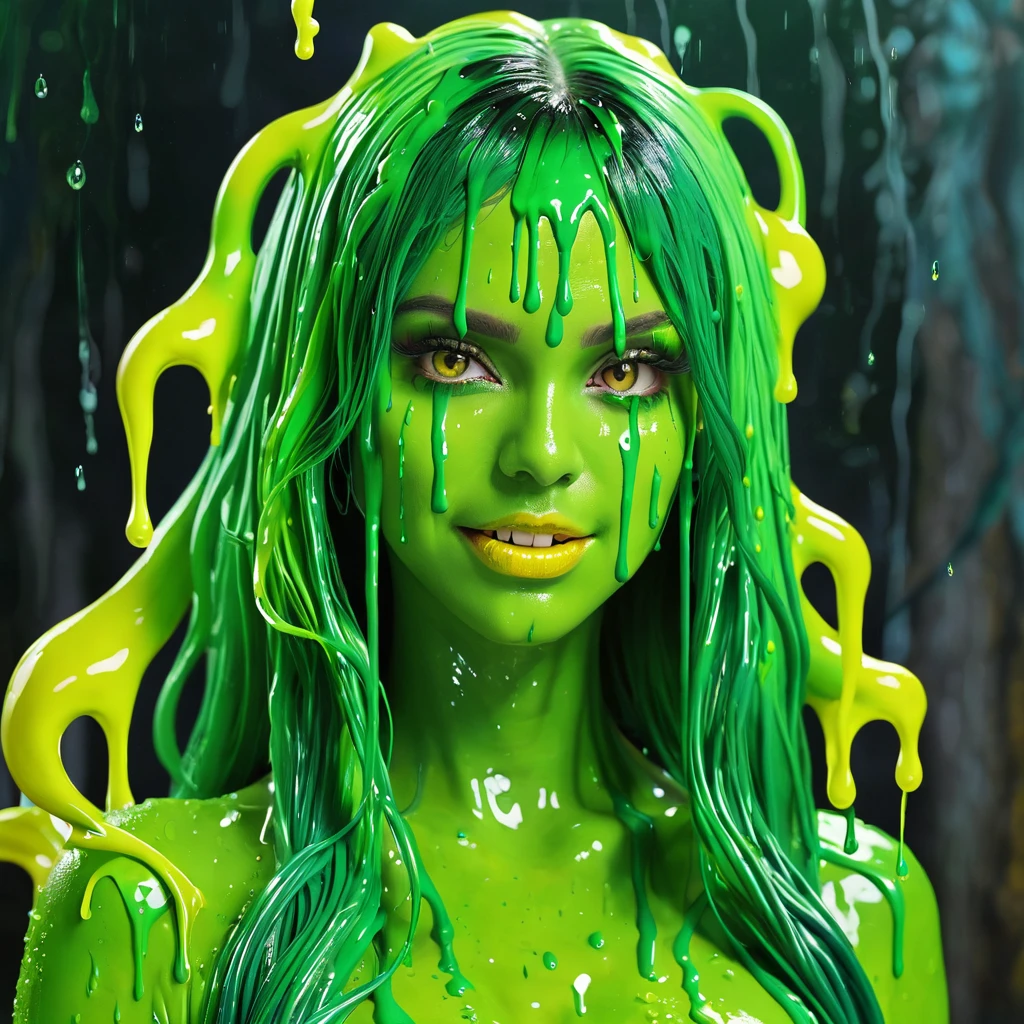 Slime, (monster girl), green slime with darker green, dripping with yellow ooze, clothed, masterpiece, best quality, magic background
