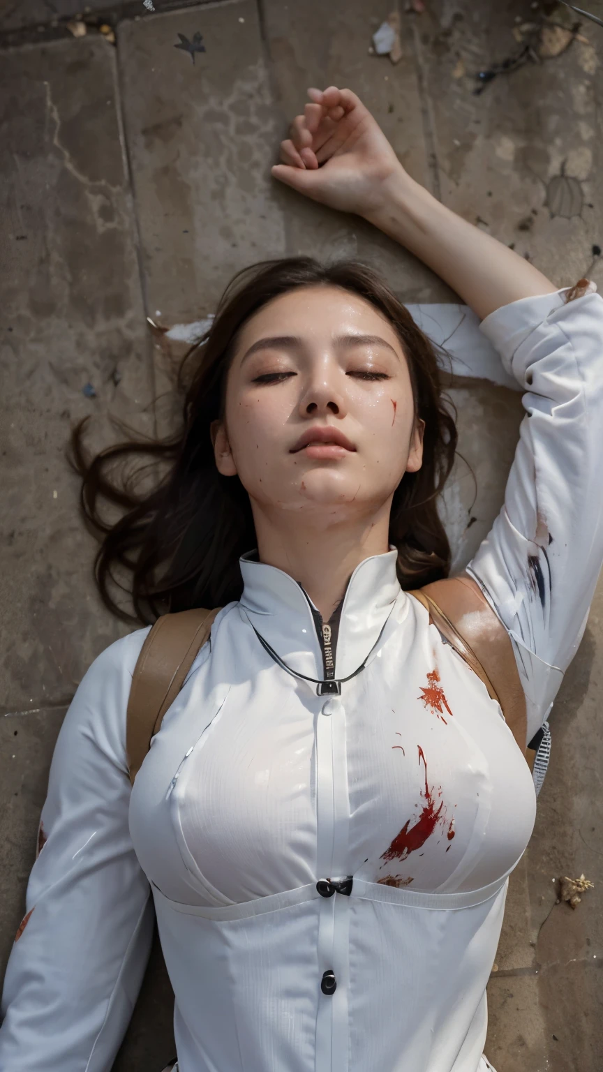 Best image quality, Excellent details, Ultra-high resolution, (realism: 1.3), ((Cowboy Shot:1.2)), Best illustrations, Favorite Details, A young Korean Idols woman and very condensed woman, 19 years old, Beautiful and delicate facial features, Perfect Proportions, ((From up)),((((Lie on your back on the ground, Close ~ eyes,defeat with blood)))),Perfect Breasts, Chubby:0.4, ((A swollen belly like perfect body woman)),((I like school korean suits, white mech, Military Harness)), The background is a water, (wet shot:0.4).