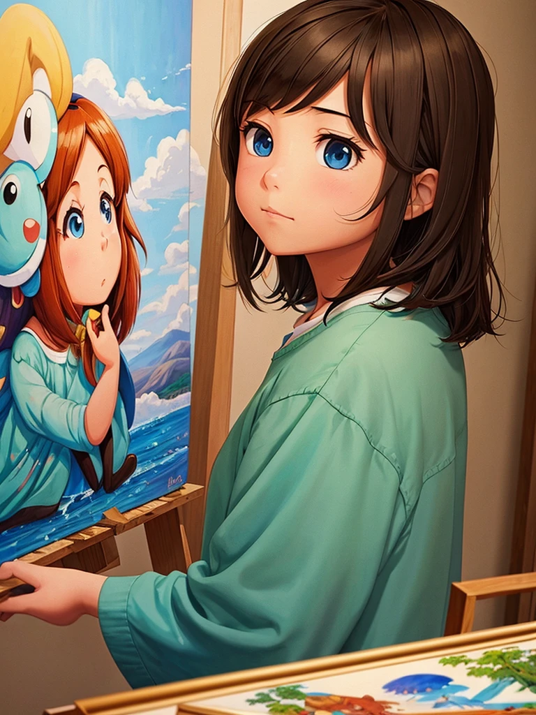 A girl looks at a painting with animated characters
