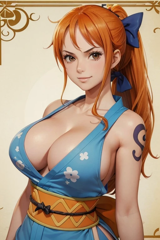 (masterpiece), best quality, expressive eyes, perfect face, (japanese garden background), (ninja fighting pose), (smirk), (cleavage view), (1girl, 18 years old, Nami (one piece), fair skin, orange hair, brown eyes, hourglass figure, thin body, skinny body, petite_body, large breasts, huge breasts, oppai, large cleavage, wide hips, thick thighs), (nami (one piece), long hair, orange hair, low ponytail, hair bow, blue bow, brown eyes, collarbone, cleavage, short kimono, blue kimono, sleeveless, bare arms, bracelet, sash, obi), 
