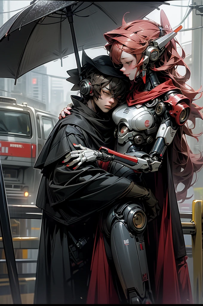 horror style, super fine illustration, highly detailed, dynamic angle,masterpiece,high quality, best detailed, 8k, On the way home from school, in a red rainy city, Taking a break A high school couple, a droid man and a droid woman, both under one weapon umbrella. They are walking home. They look at each other and smile.human_no,MECA,robot,cool,dark,Romeo and Juliet,Tears flowing