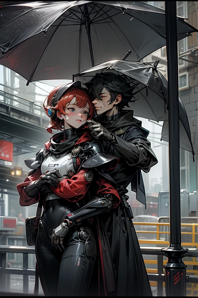 horror style, super fine illustration, highly detailed, dynamic angle,masterpiece,high quality, best detailed, 8k, On the way home from school, in a red rainy city, Taking a break A high school couple, a droid man and a droid woman, both under one weapon umbrella. They are walking home. They look at each other and smile.human_no,MECA,robot,cool,dark,Romeo and Juliet,Tears flowing