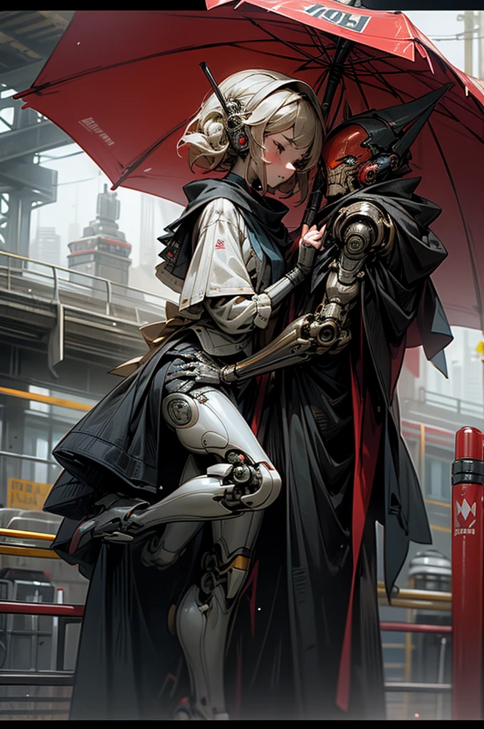 horror style, super fine illustration, highly detailed, dynamic angle,masterpiece,high quality, best detailed, 8k, On the way home from school, in a red rainy city, Taking a break A high school couple, a droid man and a droid woman, both under one weapon umbrella. They are walking home. They look at each other and smile.human_no,MECA,robot,cool,dark,Romeo and Juliet,Tears flowing