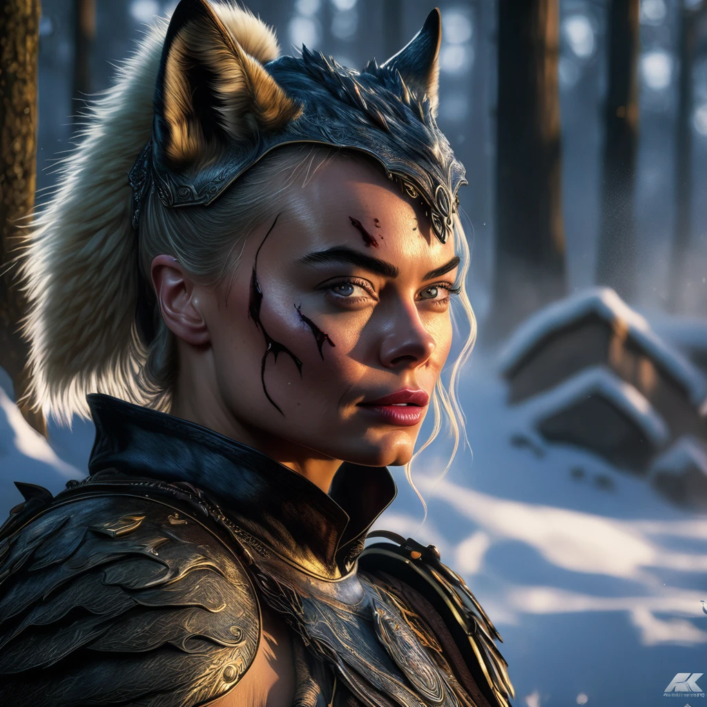 4k highly detailed realistic digital extremely high quality RAW photograph, a portrait photo of margot robbie that lived with wolves her whole life is now leading them to battle. torn clothes exposing (nude:1.4) body, armored pauldrons, fangs, curled horns, big breasts, ((snow and blood)), ((wolf tattoos)), epic, hyperrealistic, hyperrealism, 8k, cinematic lighting, greg rutkowski, wlop, (f1.8 short focus bokeh)