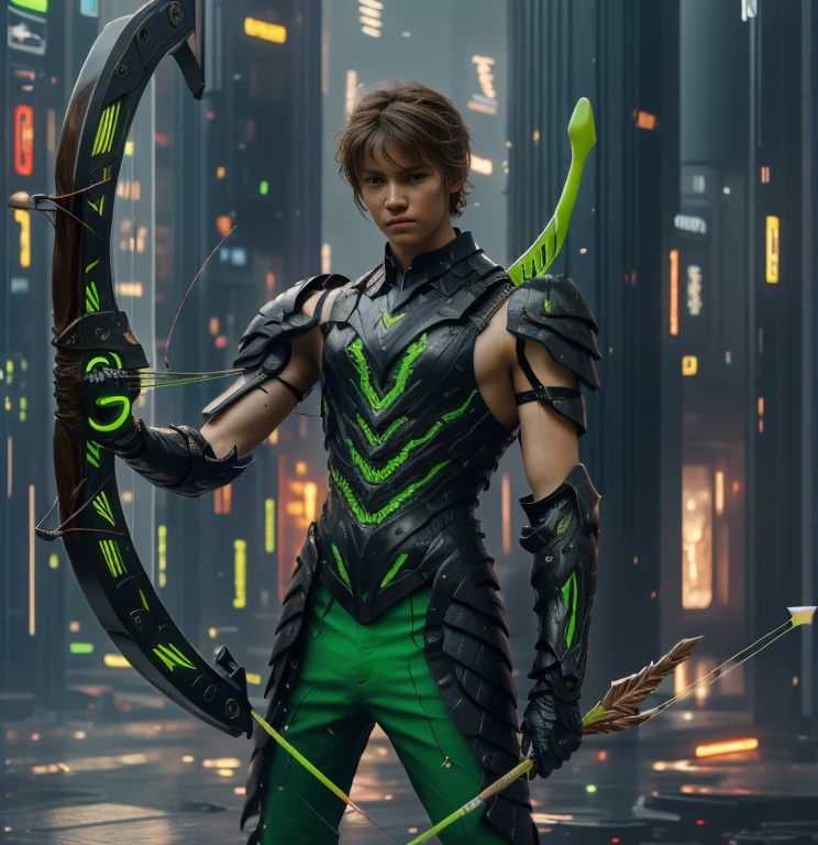 (ultra realistic,32k, masterpiece:1.2, UHD),(high detailed skin:1.1),( high quality:1.1), 1 boy, brown short raw cut hairs, brown eyes, green techno fantasy armor, cyberpunk, techno fantasy bow with ((energy bow arch)),((energy arrows)), caucasian race, light decourations, 18 years old 