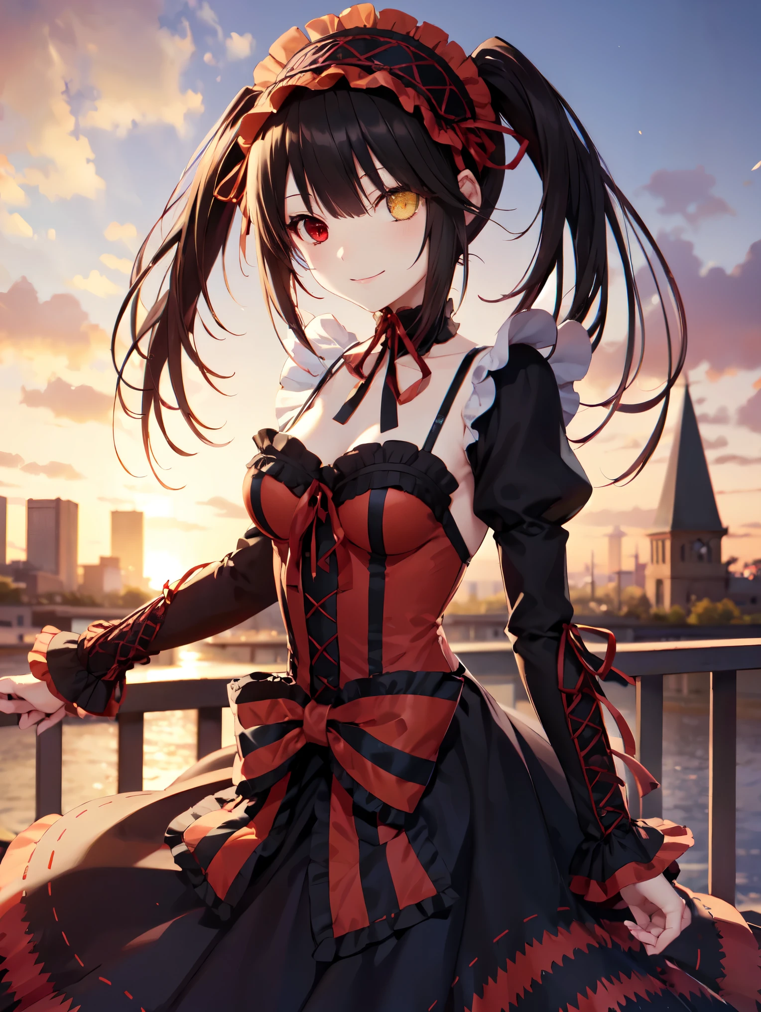 masterpiece, The best quality、street、Put your arms behind your back、Black Hair, Long twin tails bunches, (Yellow eyes:1.2), Heterochromia iridum, (Red Eyes:1.2),Tokisaki Kurumi、Smile,Gothic Lolita Clothing Accessories、victorian maid tiara、Black Ribbon、Shut up、Gothic Lolita Clothing Accessories