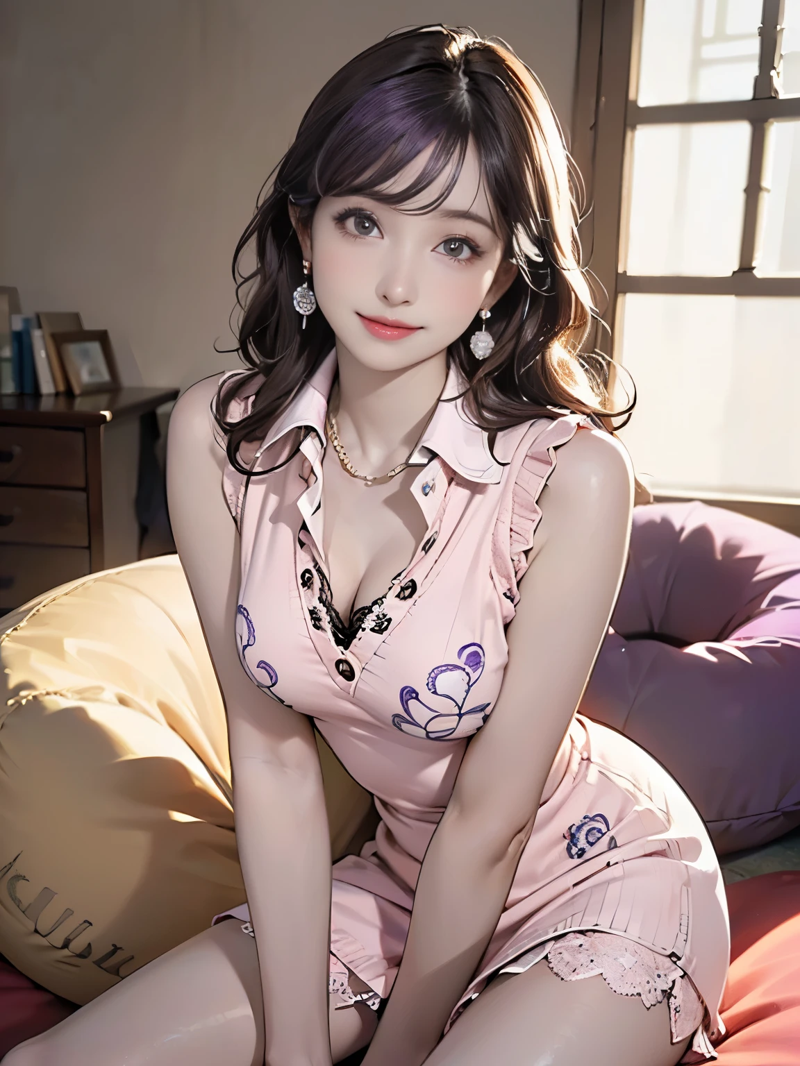 ((((highest quality))))、(((Ultra-precision CG16K wallpaper)))、(((masterpiece)))、(((Super detailed)))、(((Extreme detail)))、((１Mature 29 year old devilish woman:1.6))、((Very beautiful Japanese faces))、((Zuo々Nozomi:1.8))、((Straight medium hair、blunt bangs:1.3))、(Shiny brown hair:1.3)、Delicately drawn and beautiful face、Brown Eyes、eyeliner、Eyeshadow、High nose、Small nostrils、Small Mouth、Seductive lips、Beautiful breasts、((C cup size breasts))、Cleavage、Beautiful feet、eight-headed body、Perfect proportions、Perfect Anatomy、Perfect composition、Beautiful detailed shading、Beautiful, natural lighting、Beautiful detail glow、Depth of written boundary、(((High chroma)))、(((Real:1.9)))、((vivid:1.5))、((Beautiful Skin))、((Skin Texture))、((Realな皮膚感))、(((Cowboy Shot:1.6)))、((front view、shoot from front、Front low angle:1.6))、(((smile:1.5)))、((The woman is looking at this、looking at viewer:1.6))、Bright daylight、Natural light、(((living、window、curtain:1.5)))、(Sitting pose:1.6)、(((Pink ivory sleeveless collared lace knit mini dress:1.6)))、((necklace、Wearing earrings:1.5))、(((The woman is sitting on a beanbag:1.6)))、