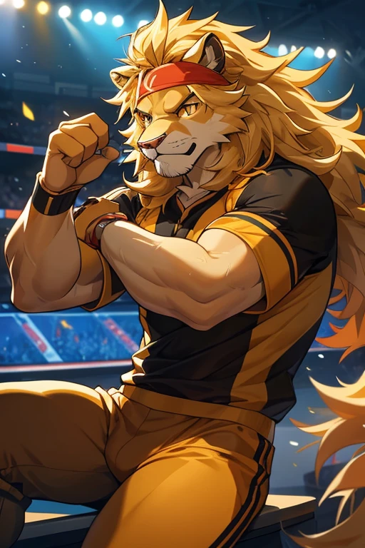 best quality, masterpiece, male, handsome , Aperience: Leonel is an anthropomorphic lion of medium size with golden, shiny fur. He possesses a voluminous, well-groomed mane that accentuates his appearance. His intense amber eyes reflect his enthusiasm and energy.
Clothes: He often sports his distinctive accessory: a headband in the colors of his favorite sports team, showcasing his passion for the game. Additionally, he might wear sporty attire or comfortable clothing allowing ease of movement during sports or gaming sessions.