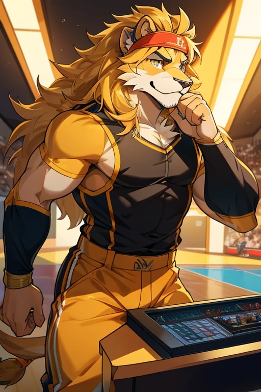 best quality, masterpiece, male, handsome , Aperience: Leonel is an anthropomorphic lion of medium size with golden, shiny fur. He possesses a voluminous, well-groomed mane that accentuates his appearance. His intense amber eyes reflect his enthusiasm and energy.
Clothes: He often sports his distinctive accessory: a headband in the colors of his favorite sports team, showcasing his passion for the game. Additionally, he might wear sporty attire or comfortable clothing allowing ease of movement during sports or gaming sessions.