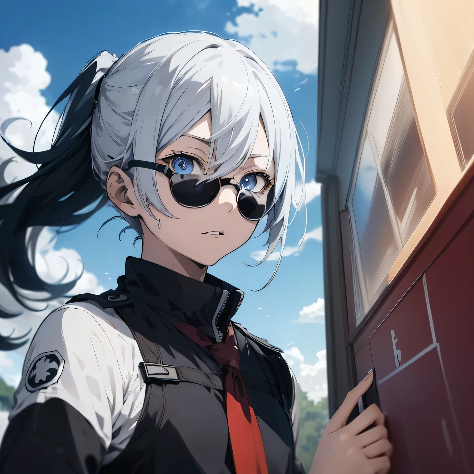 anime girl with white hair and sunglasses in front of a blue sky, melhor papel de parede de anime 4k konachan, detailed personagem de anime art, das s da linha de frente, visual de anime de uma linda garota, estilo de linha de frente das meninatai collection style, best personagem de anime design, female personagem de anime, portrait of a female anime heroine, personagem de anime, meninas linhrente cg, cabelos brancos