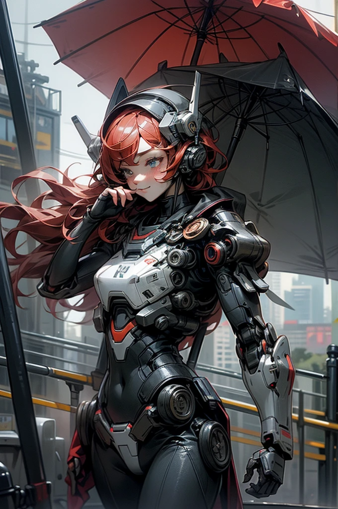 horror style, super fine illustration, highly detailed, dynamic angle,masterpiece,high quality, best detailed, 8k, On the way home from school, in a red rainy city, Taking a break A high school couple, a droid man and a droid woman, both under one weapon umbrella. They are walking home. They look at each other and smile.human_no,MECA,robot,cool,dark,Romeo and Juliet,Tears flowing,perfect hands,perfect face,battlefield