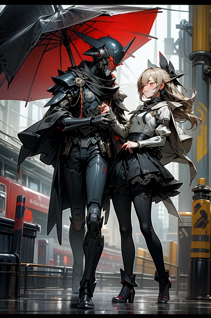 horror style, super fine illustration, highly detailed, dynamic angle,masterpiece,high quality, best detailed, 8k, On the way home from school, in a red rainy city, Taking a break A high school couple, a droid man and a droid woman, both under one weapon umbrella. They are walking home. They look at each other and smile.human_no,MECA,robot,cool,dark,Romeo and Juliet,Tears flowing,perfect hands,perfect face,battlefield