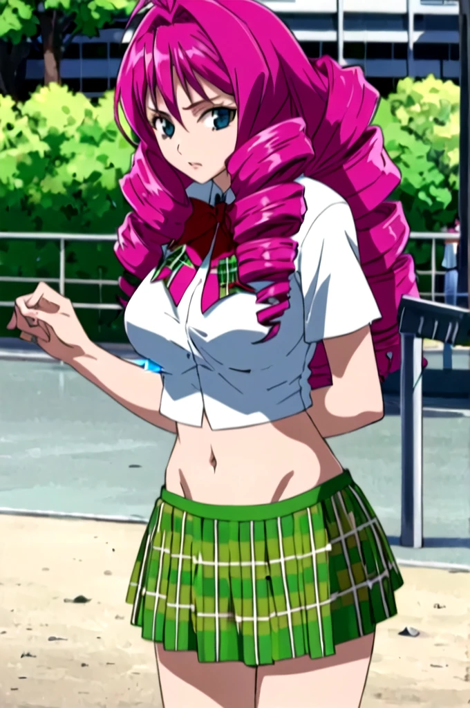 best quality,masterpiece,looking at viewer,absurdres,1girl,
depth of field,isuzu emi,pink hair,drill hair,long hair,blue eyes,breasts,large breasts,white ,bow,playground,green skirt, skirtbelowthenavel, crop shirt, navel,plaid,green plaid skirt,