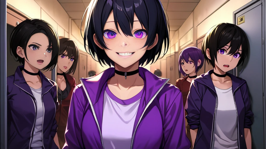 Tomboy Girls, Mature, Smart, Sexy, Black Short Hair, Black Plain Chokers, Purple Jacket Zipper Closed, Purple Pupil Eyes, Smile, Intimidate Face, mess rooms, standing, horor, Midnight.
