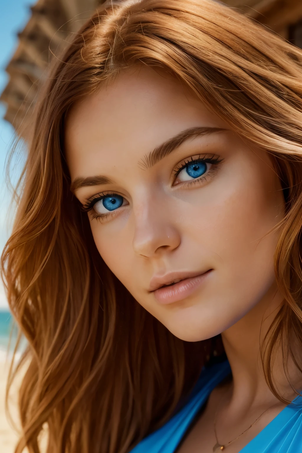 la photographie of a stunning orange-haired girl, porter un haut décolleté, ((( gros buste))), wavy hair, assis au bord de la plage, regarde la caméra, symmetrical eyes, symmetrical face, photorealistic, la photographie, traçage du chemin, specular lighting, volumetric facial lighting, path drawn hair, ombres visibles, Complexe, elaborate, hyper realistic light blue eyes