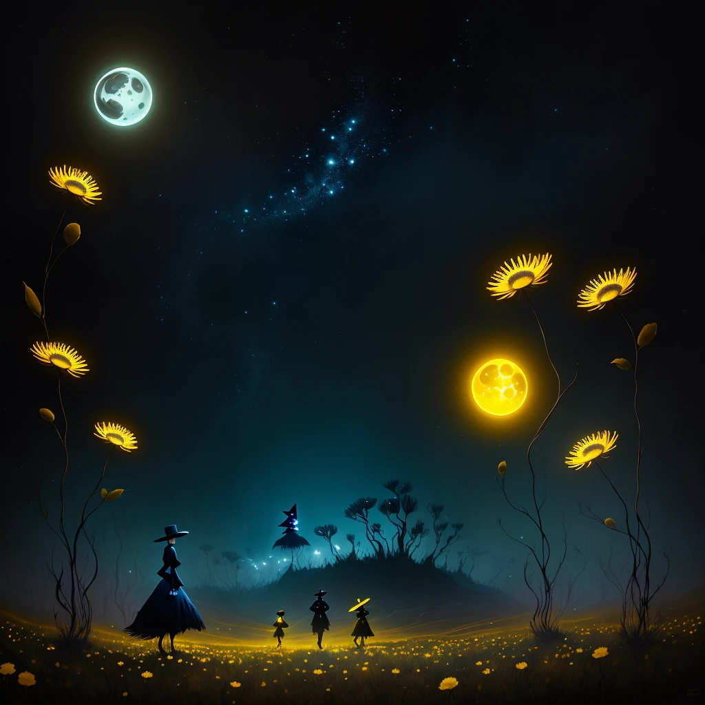A mesmerizing digital painting by André Uhlisch Art, stylistically reminiscent of Chris Ryniak, Rebecca Sugar, and Andy Kehoe, presents a captivating shadow play in post-apocalyptic futurism. Two enigmatic creatures, adorned with striking yellow and black spots that cover their entire bodies, pose amidst a field of ethereal, glowing moon flowers. The creatures don modern, stylish outfits, with one wearing a radiant hat on their head, adding a touch of whimsy and charm to the scene. The background is a mesmerizing blend of dusk and midnight blue, creating a dreamy, otherworldly atmosphere. Wire