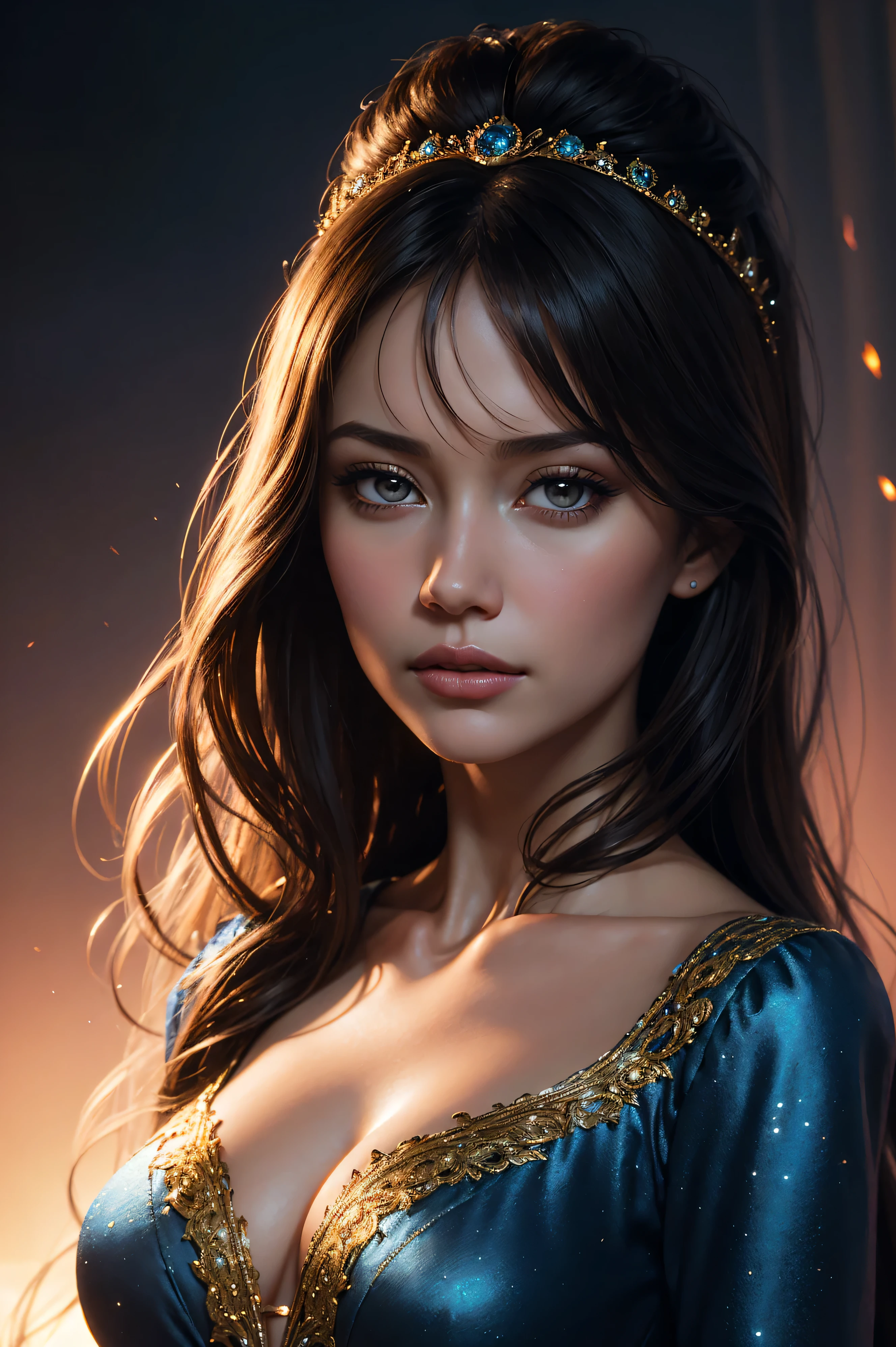 portrait Olga Kurylenko, Cinderella costume, against the background of sunset, character portrait, 3 9 9 0 s, long hair, intricate, elegant, highly detailed, digital painting, artstation, concept art, smooth, sharp focus, illustration, art by wlop, charlie bowater and alexandra fomina, 36 k