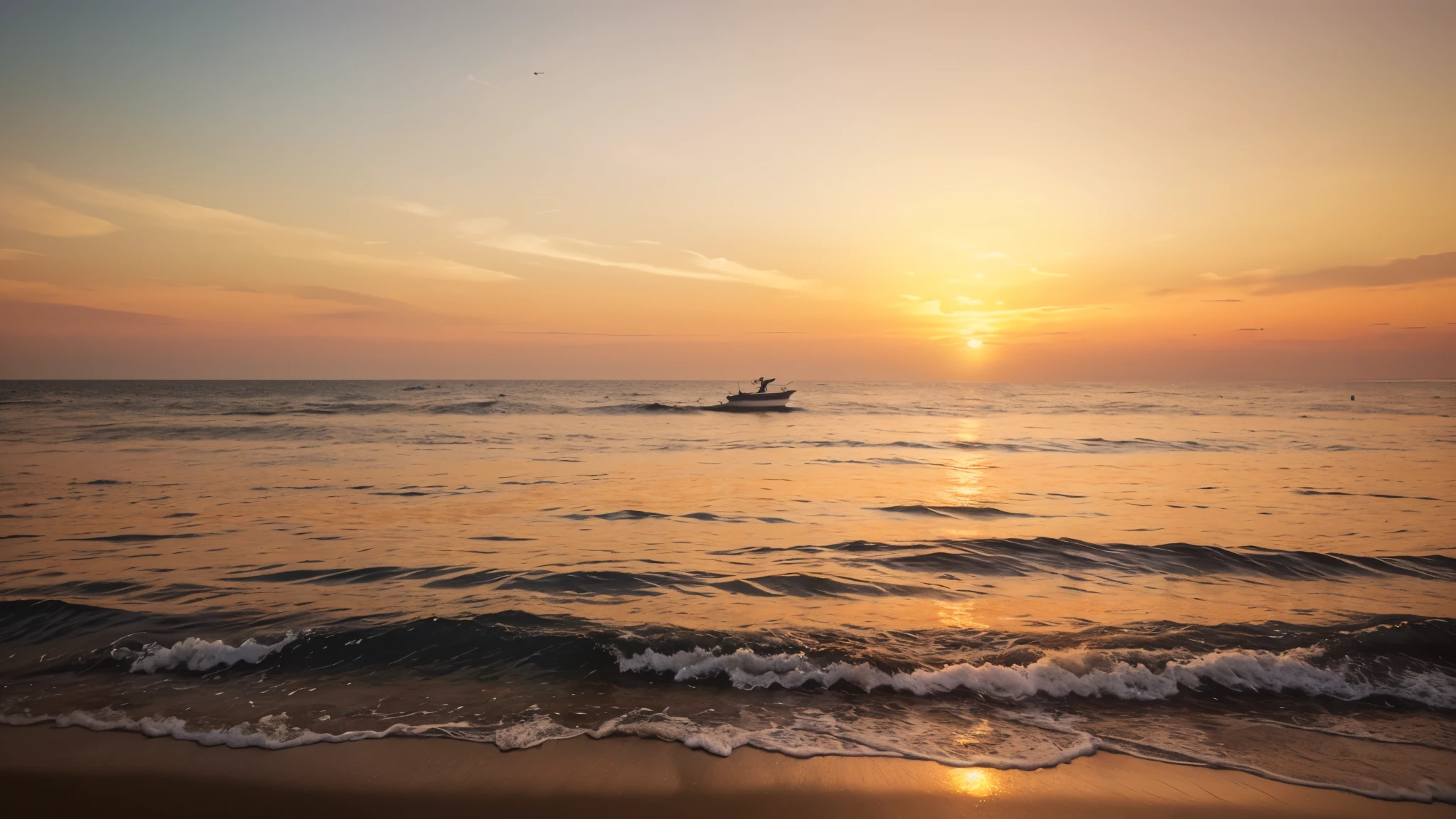 "A realistic 4K image of a sunset over the sea. The scene features the sun dipping below the horizon, casting a warm, golden glow across the sky and reflecting off the calm ocean waters. The sky is painted with a gradient of colors, from deep oranges and reds near the horizon to softer pinks and purples higher up. Gentle waves lap at the shoreline, and the silhouettes of distant boats can be seen on the water. The overall atmosphere is serene and peaceful, capturing the tranquil beauty of a seaside sunset."
