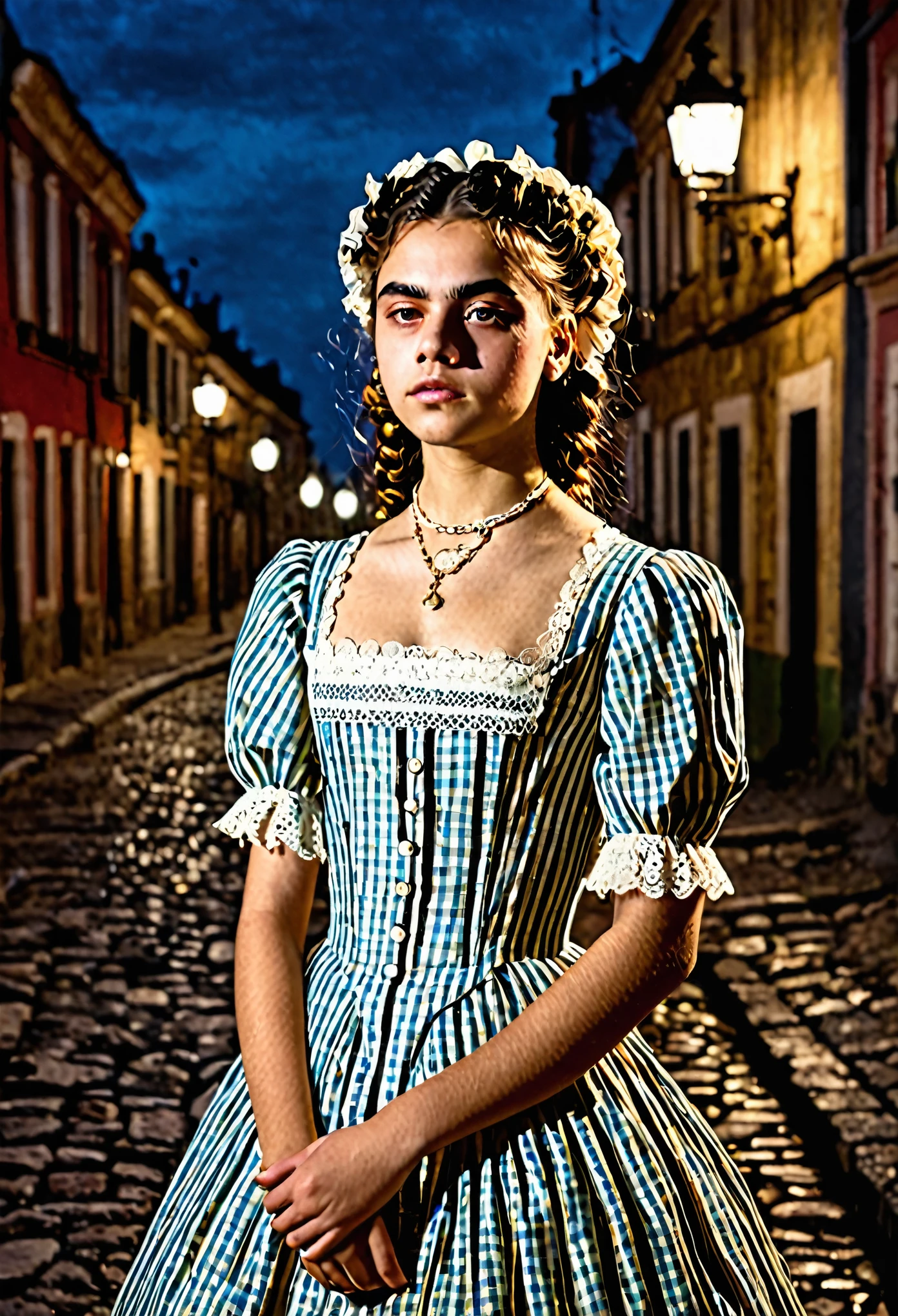 (a closeup of a beautiful 15 year old girl on a 19th century street in a vintage dress), (grave:0.5), (cara muy detallada:1.4), culo punto de vista, Nikon D850, film stock photography, 4 codas portra 400, F1 camera.6 lentes, colores saturados, Hyper realistic, textura realista, dramatic lighting, Cinestill 800, Estilo victoriano del siglo XIX, noche, vintage lighting, pelo medio rizado
