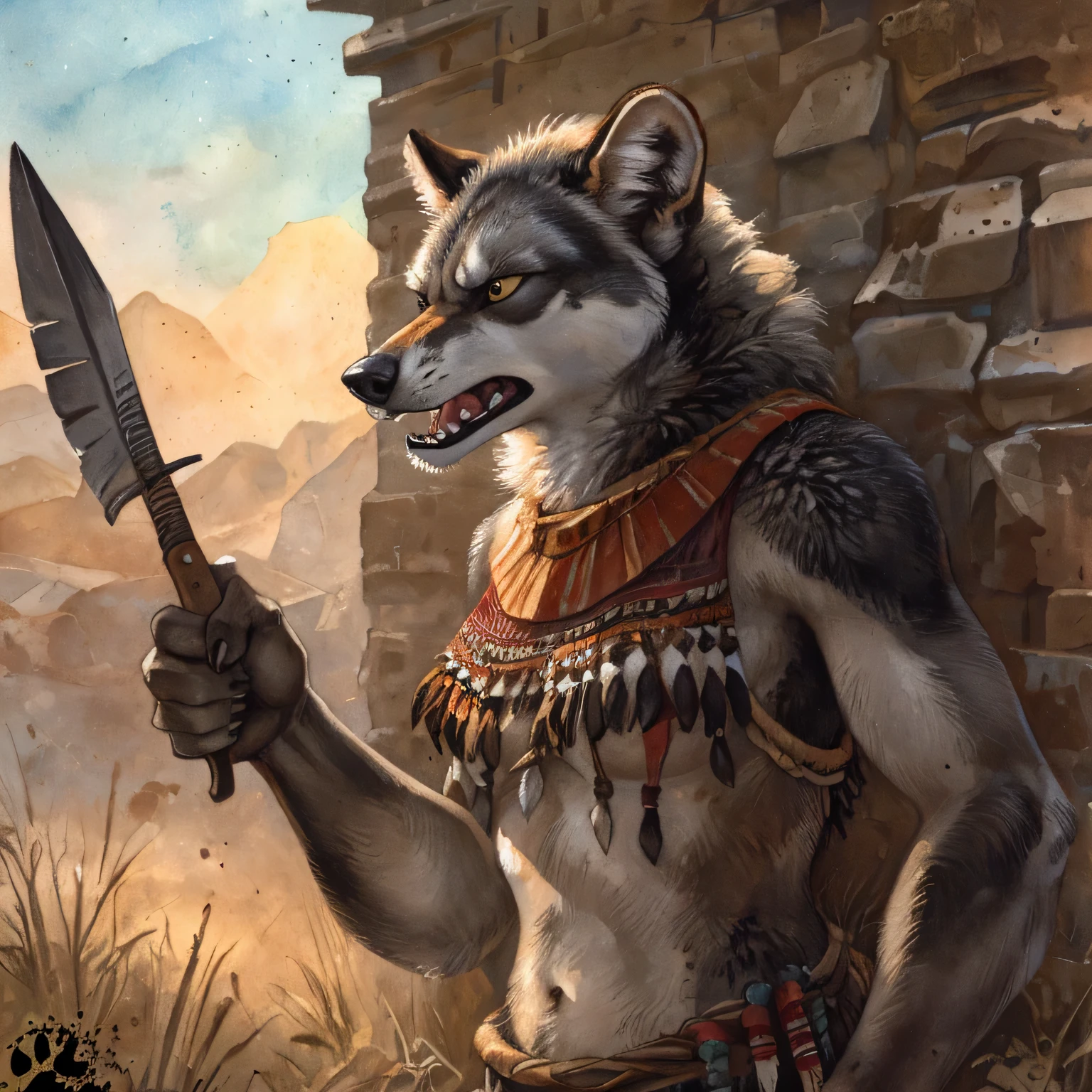 female, Anthro, bushdog with small snout, angry eyes, growling, gray hair, black fur, tribal vests, holding two daggers, detailed anatomy, skinny, (by blotch)