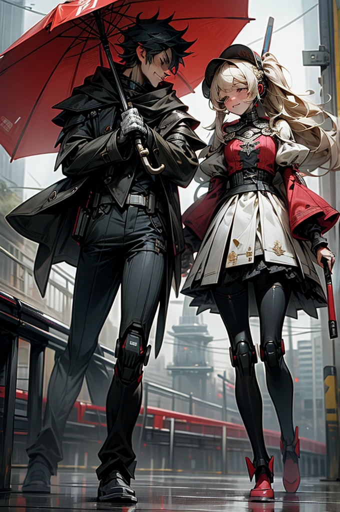 horror style, super fine illustration, highly detailed, dynamic angle,masterpiece,high quality, best detailed, 8k, On the way home from school, in a red rainy city, Taking a break A high school couple, a droid man and a droid woman, both under one weapon umbrella. They are walking home. They look at each other and smile with crying.human_no,MECA,robot,cool,dark,Romeo and Juliet,perfect hands,perfect face,