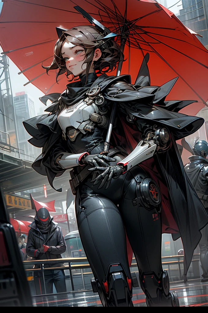 horror style, super fine illustration, highly detailed, dynamic angle,masterpiece,high quality, best detailed, 8k, On the way home from school, in a red rainy city, Taking a break A high school couple, a droid man and a droid woman, both under one weapon umbrella. They are walking home. They look at each other and smile with crying.human_no,MECA,robot,cool,dark,Romeo and Juliet,perfect hands,perfect face,