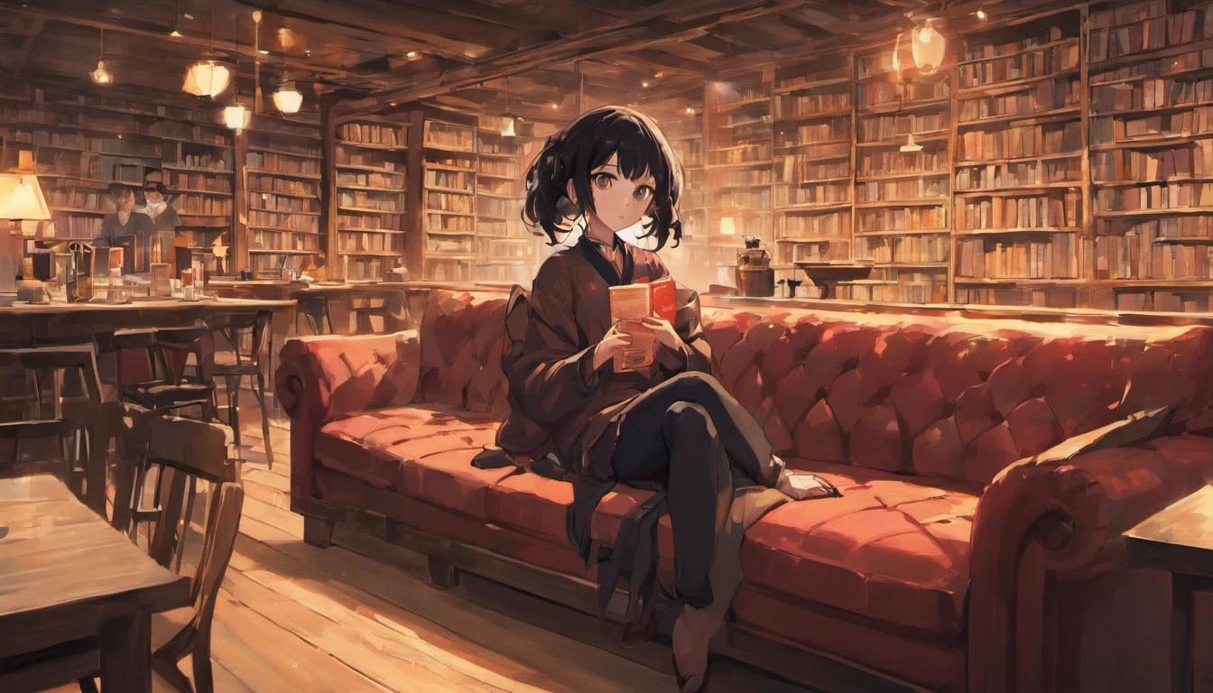 A cafe with lots of books、sitting on the sofa listening to music with headphones on、Black Hair Girl、Anime illustration、Dark Eyes、Japanese