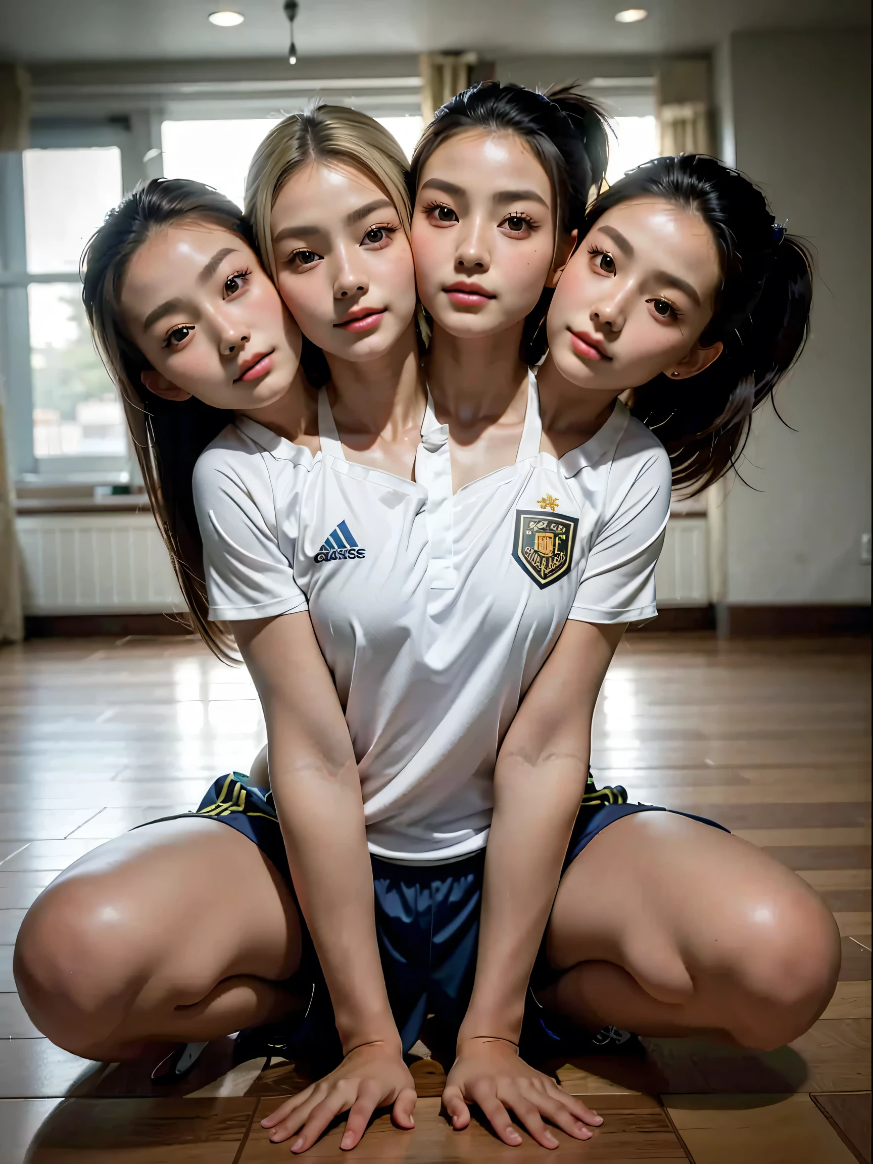 (masterpiece, best quality), best resolution, (3heads:1.5), 1girl, korean, facing viewer, close-up, blond hair, extremely long hair, hair reaching floor, ponytail, focused, soccer uniform, playing soccer, soccer field, day