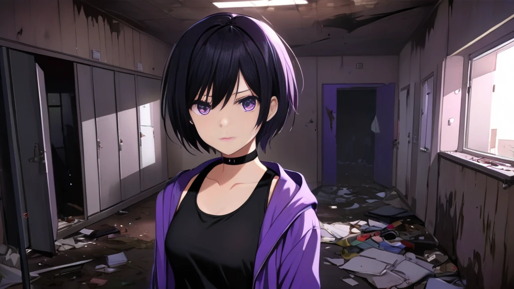 Tomboy Girls, Mature, Smart, Sexy, Black Short Hair, Black Plain Chokers, Purple Jacket Black Tank Top, Purple Pupil Eyes, Intimidate Face, mess rooms, standing, horor, Midnight, dark, mess room background, mess abandoned room background.