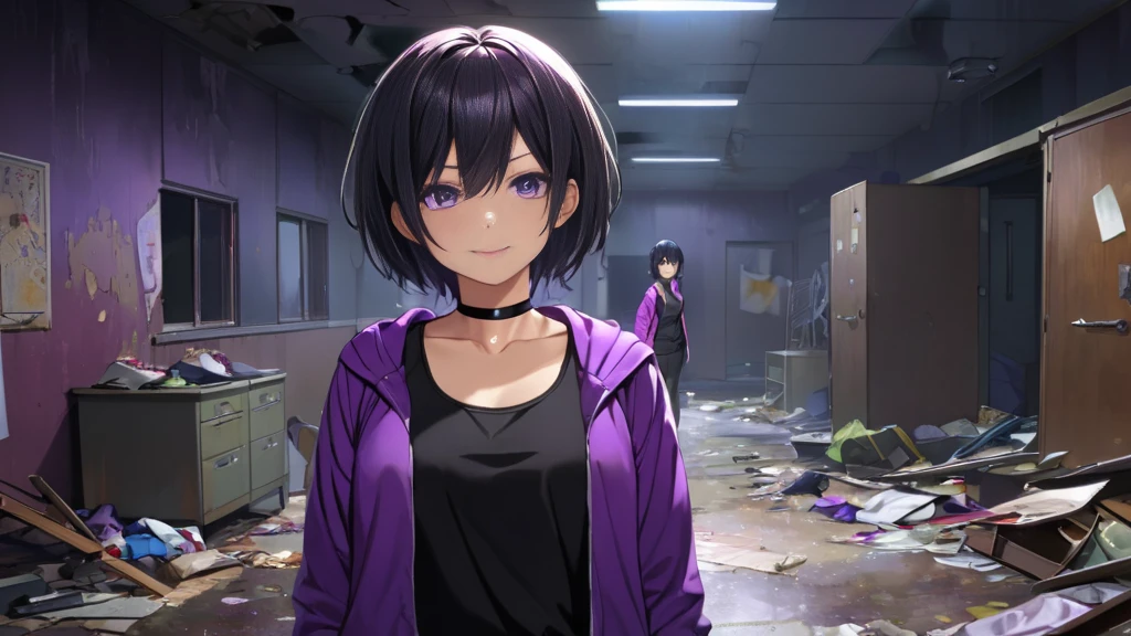 Tomboy Girls, Mature, Smart, Sexy, Black Short Hair, Black Plain Chokers, Purple Jacket Black Tank Top, Purple Pupil Eyes, Smile Intimidating Face, mess rooms, standing, horor, Midnight, dark, mess room background, mess abandoned room background.