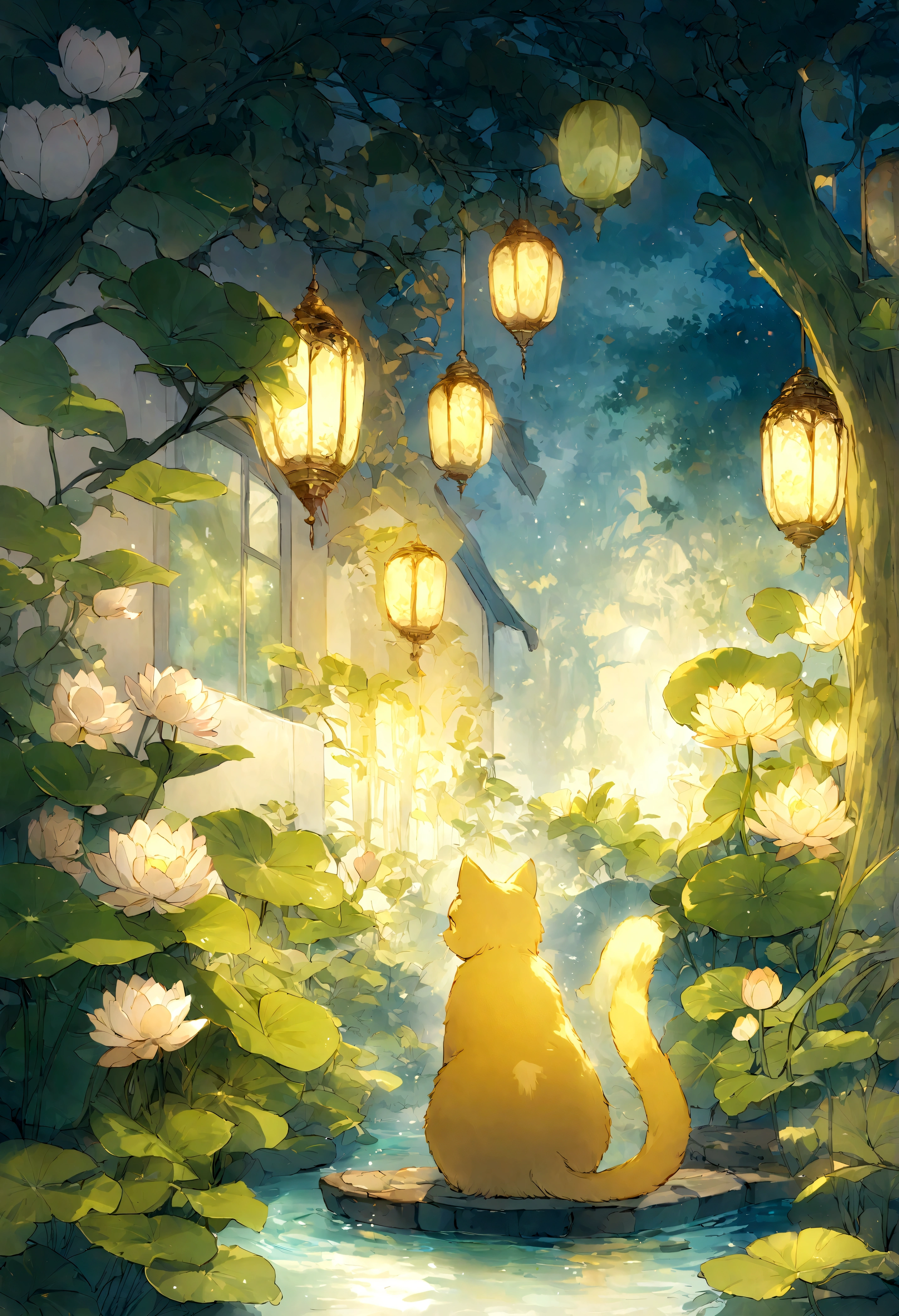 "Capa para livro de colorir, Illustration of an adorable colorless cat being painted with vibrant colors." A whirlwind of magical golden breeze surrounds a small lagoon illuminated with water lilies, located in the patio of a house under the light of the moon. On the edge of the lagoon, there is a male cat with golden fur, with a transparent ghostly appearance and greenish-yellow eyes. The style is 2D anime fantasy with a glow effect.
