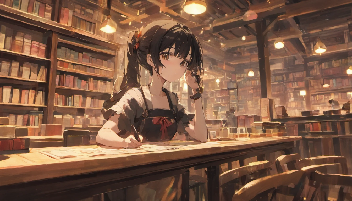 A cafe with lots of books、sitting at a table and listening to music with headphones on、Black Hair Girl、Anime illustration、Dark Eyes、Japanese