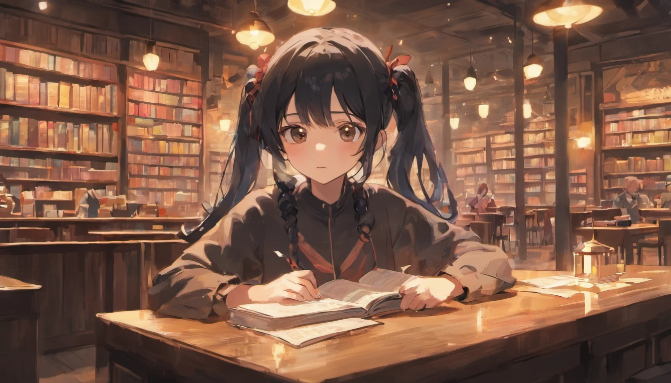 A cafe with lots of books、sitting at a table and listening to music with headphones on、Black Hair Girl、Anime illustration、Dark Eyes、Japanese