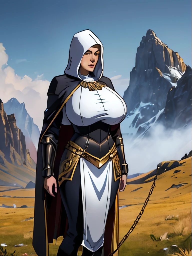 (masterpiece,huge tits, top quality, best quality, official art, beautiful and aesthetic:1.2), (1girl:1.3), light freckles, fair skin, extremely detailed, portrait, looking at viewer, solo, (full body:0.6), detailed background, close up, (warm grasslands theme:1.1), holy paladin knight, charlatan, smirk, mysterious, swaying in mountains, modest attire, ((ornate white and gold armor)), cowl, nun hood, wimple, boob armor, cowl, robe, chain mail, chainmail, leggings, chainmail leggings, chain mail leggings, breastplate, tabard, gorget, hood, pauldrons, greaves, armored, long boots, longsword, shield, cape, cloak, white fabric, pale leather, ((((gigantic breasts)))), slim waist, slim hips, long legs, medieval (mountain exterior:1.1) background, dark mysterious lighting, shadows, magical atmosphere, dutch angle,