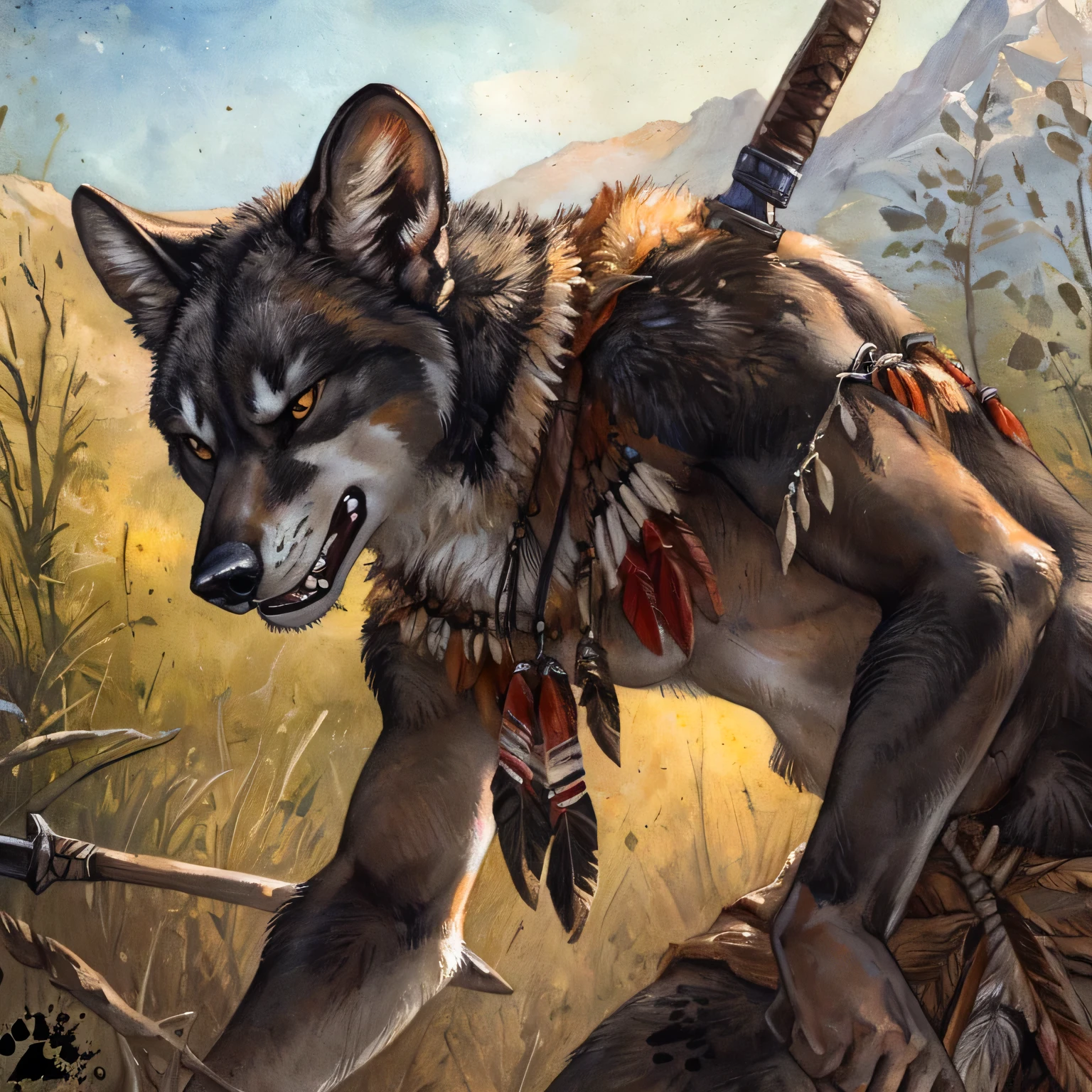 female, Anthro, bushdog with small snout, angry eyes, growling, gray hair, black fur, tribal vests, holding two daggers, detailed anatomy, skinny, (by blotch)