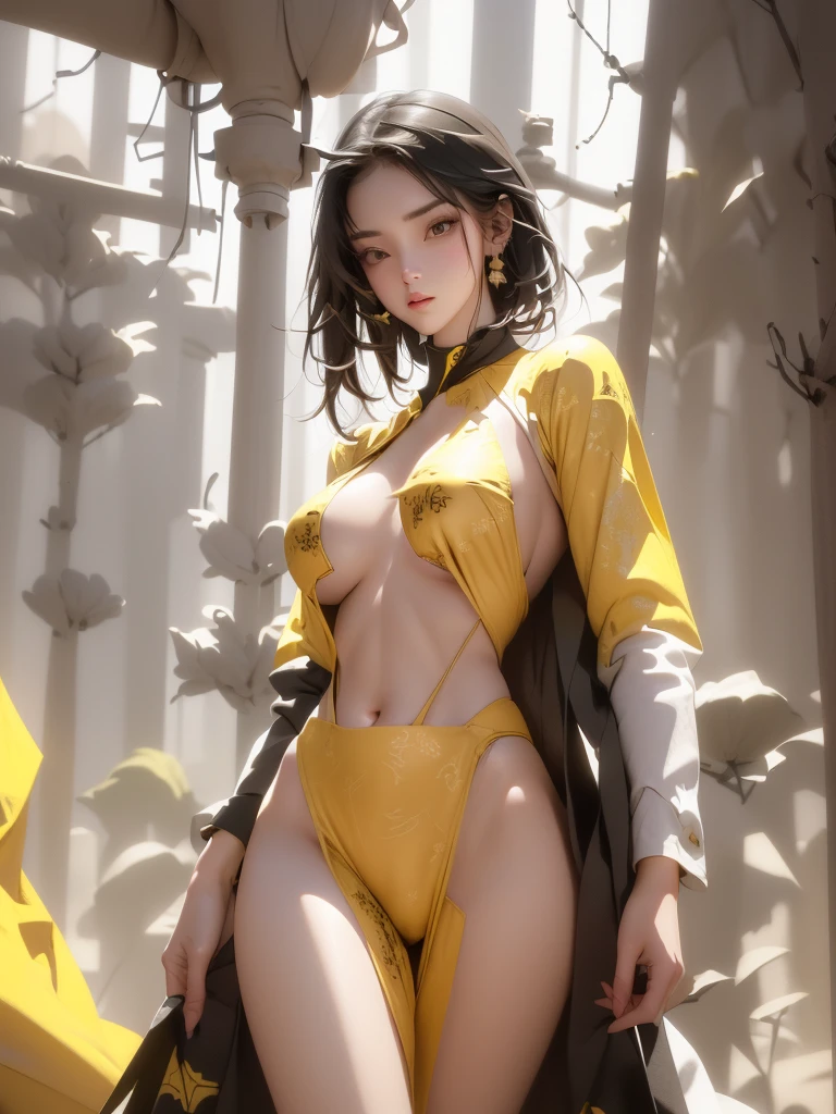 best quality, masterpiece, aesthetic, full-body dynamic pose high quality, 1girl punching, android, (yellow and black) upper armor, mechanical arms, short punk hair, black hair, white background, intense expression, looking at viewer, (simple background:1.4) a (giraffe pattern outfit) yellow and black outfit,sword,beautiful cyberpunk woman,cyberpunk angry gorgeous goddess,beautiful cyborg girl ,hyper realistic,intricate details,cinematic lighting,vibrant colors,award winning,stunning,masterpiece