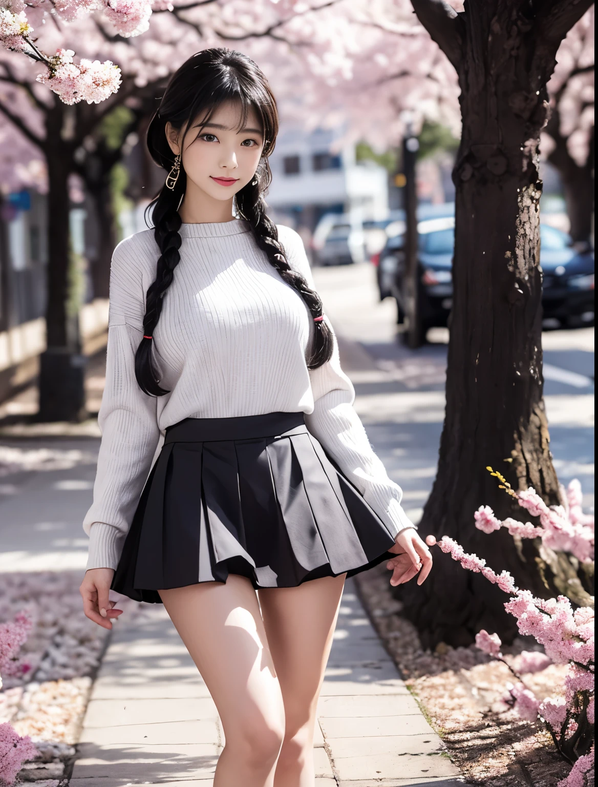Sexy sweater,short skirt,Beautiful girl with double braids,Under the cherry blossom tree,Sakura petals are flying all over the ground,big deal ,((best quality)), ((intricate details)), ((Surrealism))(8k)