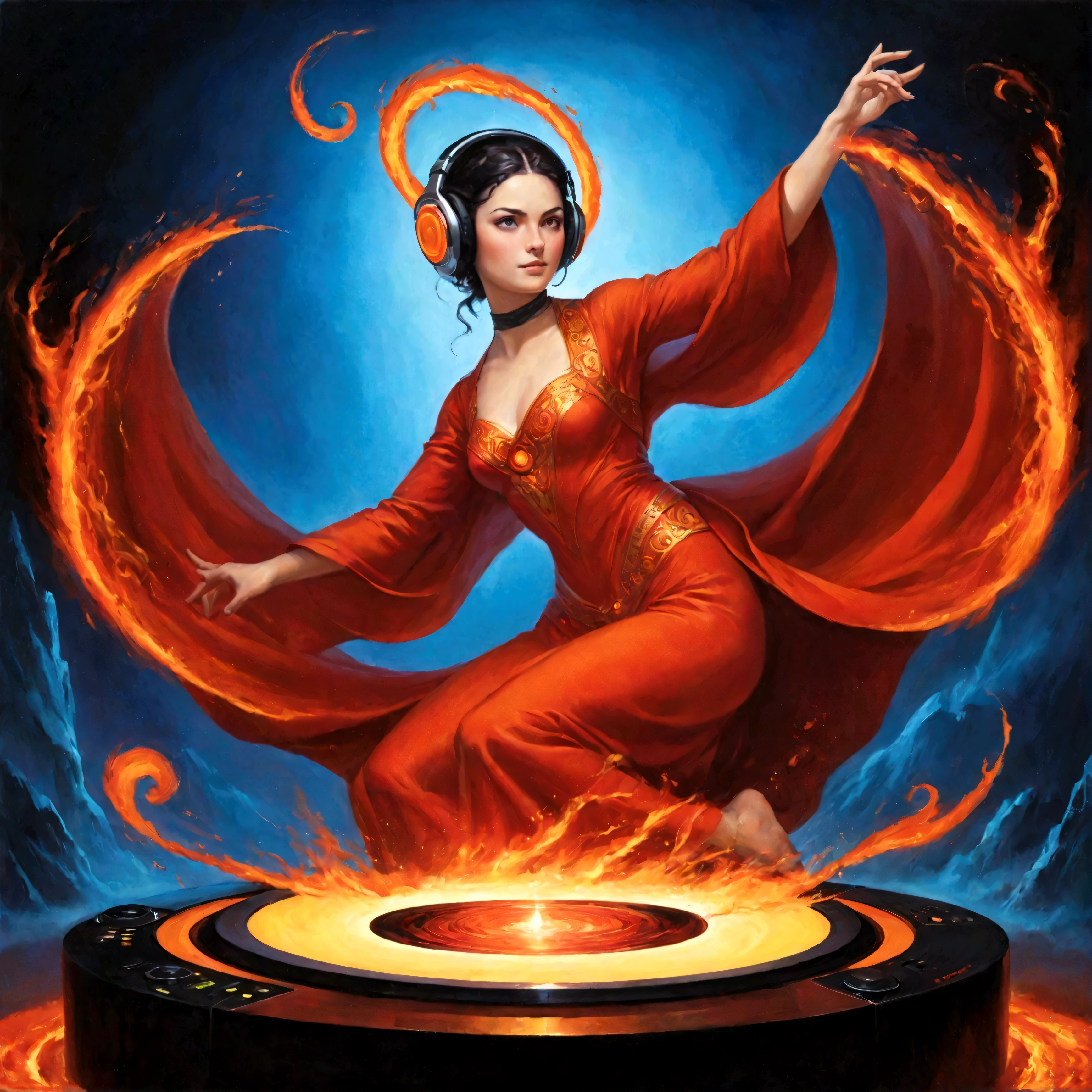 Uma lava lindamente esculpida e poderosa,, depiction of a woman in m named Blueovimento captures the essence of a Renaissance masterpiece. Usando fones de ouvido, levantando o punho, piscando, Let's go! , Idol, fofo, sorridente, punch in the stomach, futuristic full body coordination, attracting audience, agitation, energetic, dynamic position, studio a bright DJ electronic music table, poster type scene, high tension rhythm, eyes The flowing robes and dynamic pose suggest grace and vigor frozen as a team. Esta escultura deslumbrante, possivelmente uma escultura de lava, Exudes elegance and strength, with intricate details that demonstrate the artist's skill and vision. The mix of classic beauty and fiery intensity makes this piece a true work of art..