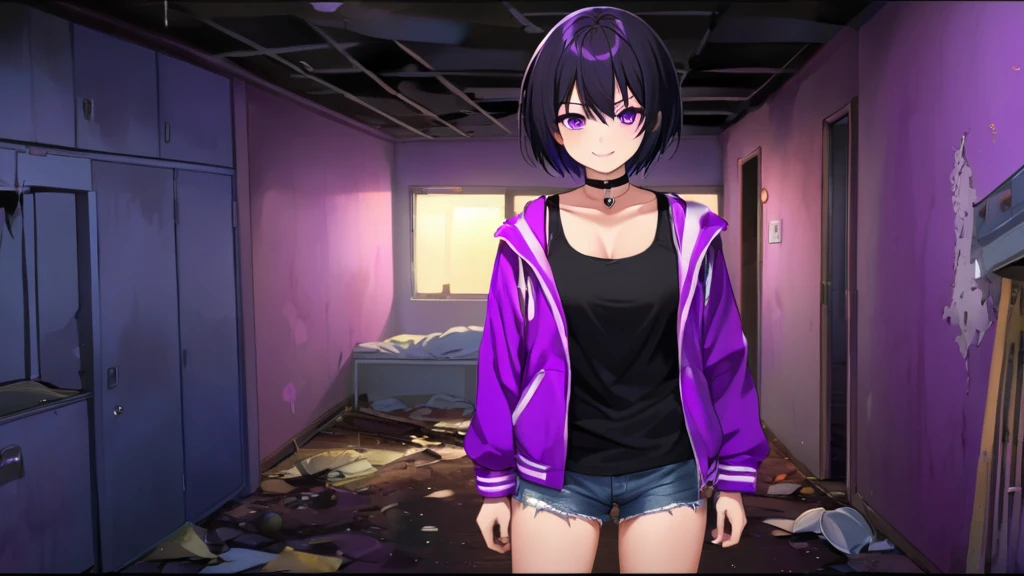 Tomboy Alone Girls, Mature, Smart, Sexy, Black Short Hair, Black Plain Chokers, Purple Jacket Black Tank Top, Purple Pupil Eyes, Smile Intimidating Face, mess rooms, standing, horor ambients, Midnight, mess abandoned room background.