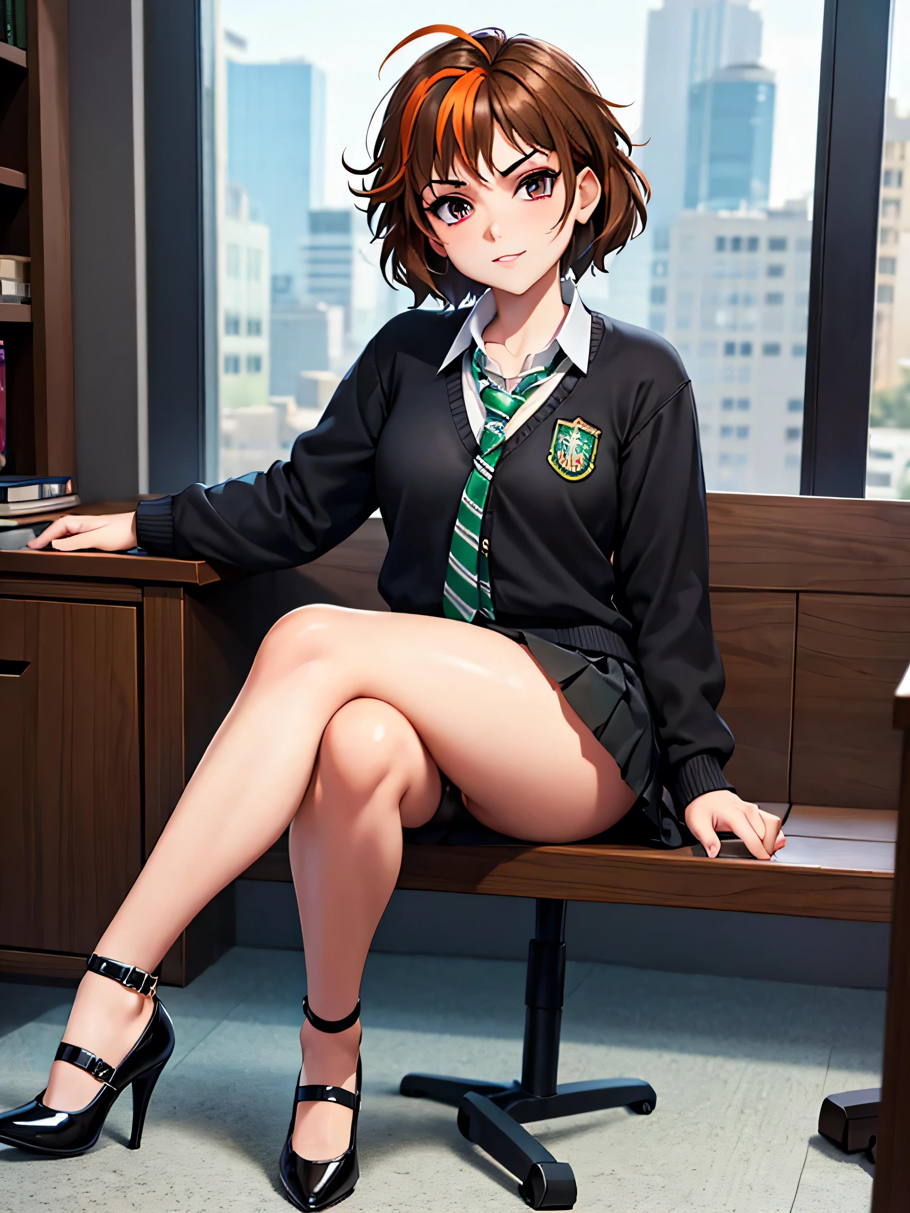 merula, full body, black mini skirt, pleated skirt, sitting, school, green striped necktie, crossed legs, thighs, high heels