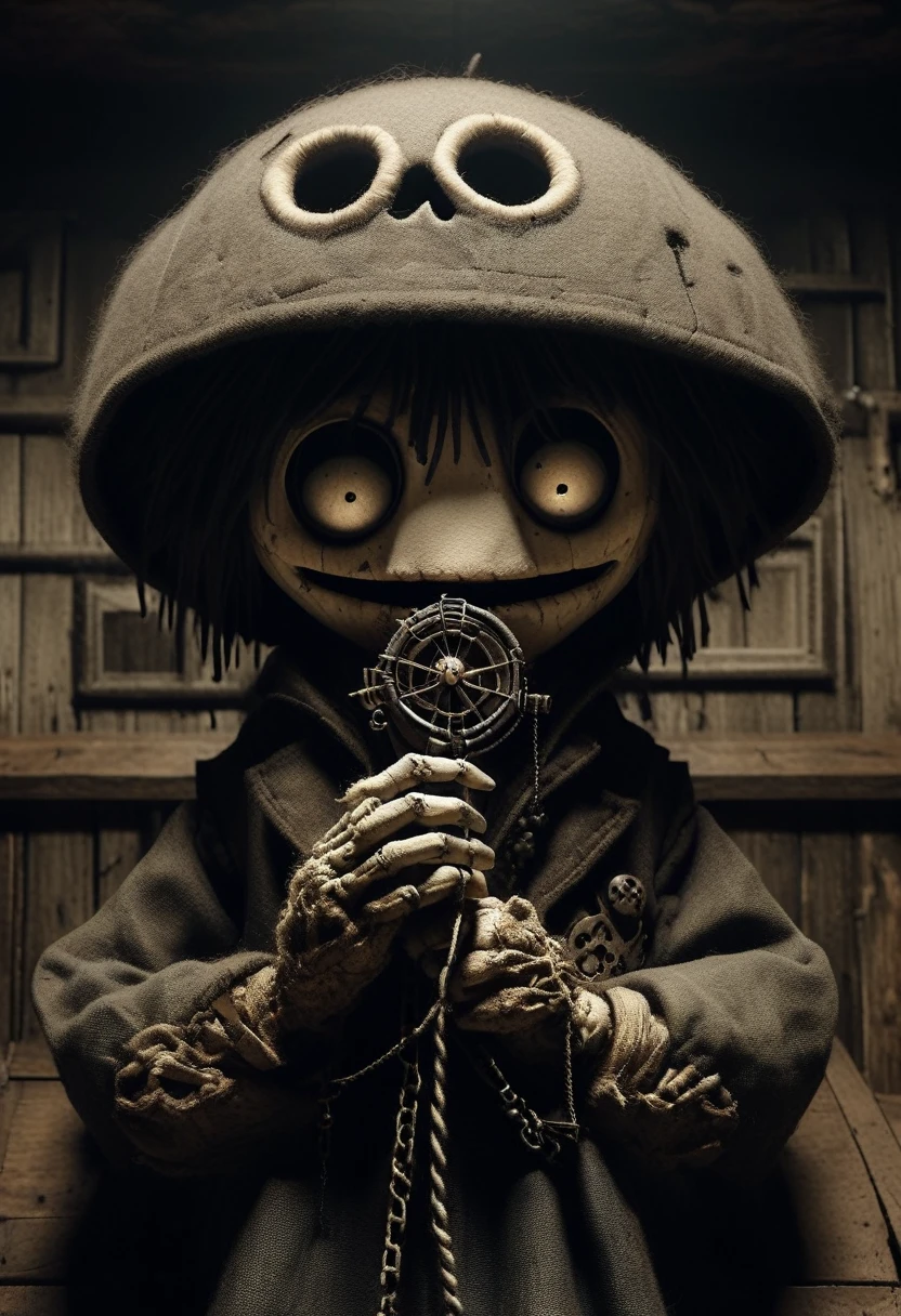 Fairy tale puppet cartoon character carlson who lives on the roof. completely darkened room, grainy, eerie setting, dark white tone. creepypasta - a rapper's view from the shadows. style by charlie bowett, albert joseph penaud, dariusz zawadzki. tetsuya ishida. zdzislaw beksinski. patrizia piccinini. mark powell. sven 37.