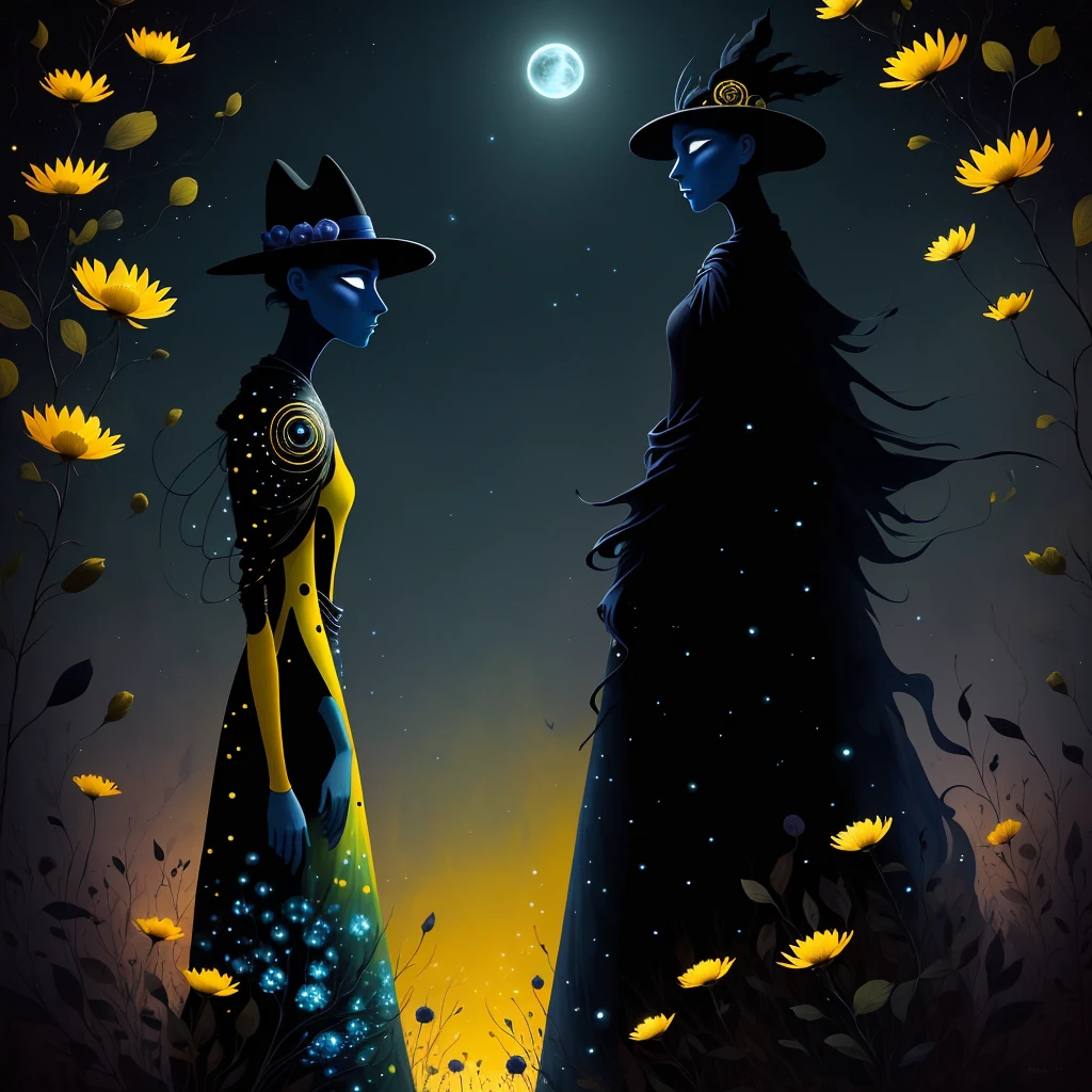 A mesmerizing digital painting by André Uhlisch Art, stylistically reminiscent of Chris Ryniak, Rebecca Sugar, and Andy Kehoe, presents a captivating shadow play in post-apocalyptic futurism. Two enigmatic creatures, adorned with striking yellow and black spots that cover their entire bodies, pose amidst a field of ethereal, glowing moon flowers. The creatures don modern, stylish outfits, with one wearing a radiant hat on their head, adding a touch of whimsy and charm to the scene. The background is a mesmerizing blend of dusk and midnight blue, creating a dreamy, otherworldly atmosphere. Wire