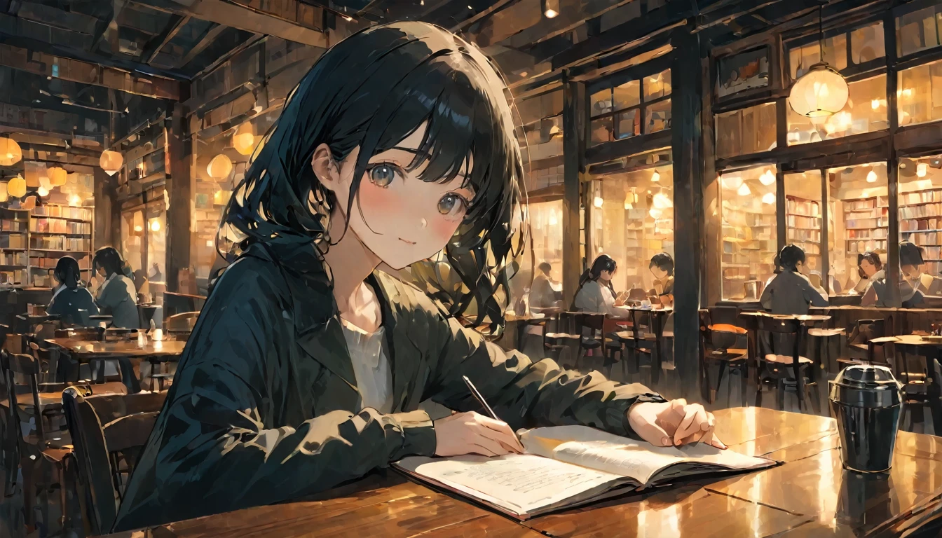 A cafe with lots of books、sitting at a table and listening to music with headphones on、Black Hair Girl、Anime illustration、Dark Eyes、Japanese