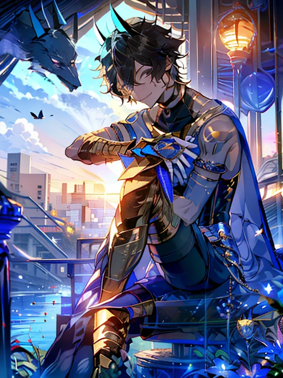 ((masterpiece)), (((HDR))), ((best quality)), (ultra high quality), (hi-res), ((absurdres)), ((1man)), (arjuna alter (fate)), arjuna alter - third ascen (fate):1.3), ((short black hair)), ((black shirt, sleeveless, blue capelet, neck ring, jewelry, armlet, golden gauntlets, white gloves, tattoo, short blue horns)), perfect body, perfect anatomy, long legs, (((thigh gap))), (smile), cute, facing camera, (sitting), ((looking up at camera)), ((dynamic)), in a field, outside, daytime, additional lighting, sunlight on face, noon, bright sun, birds